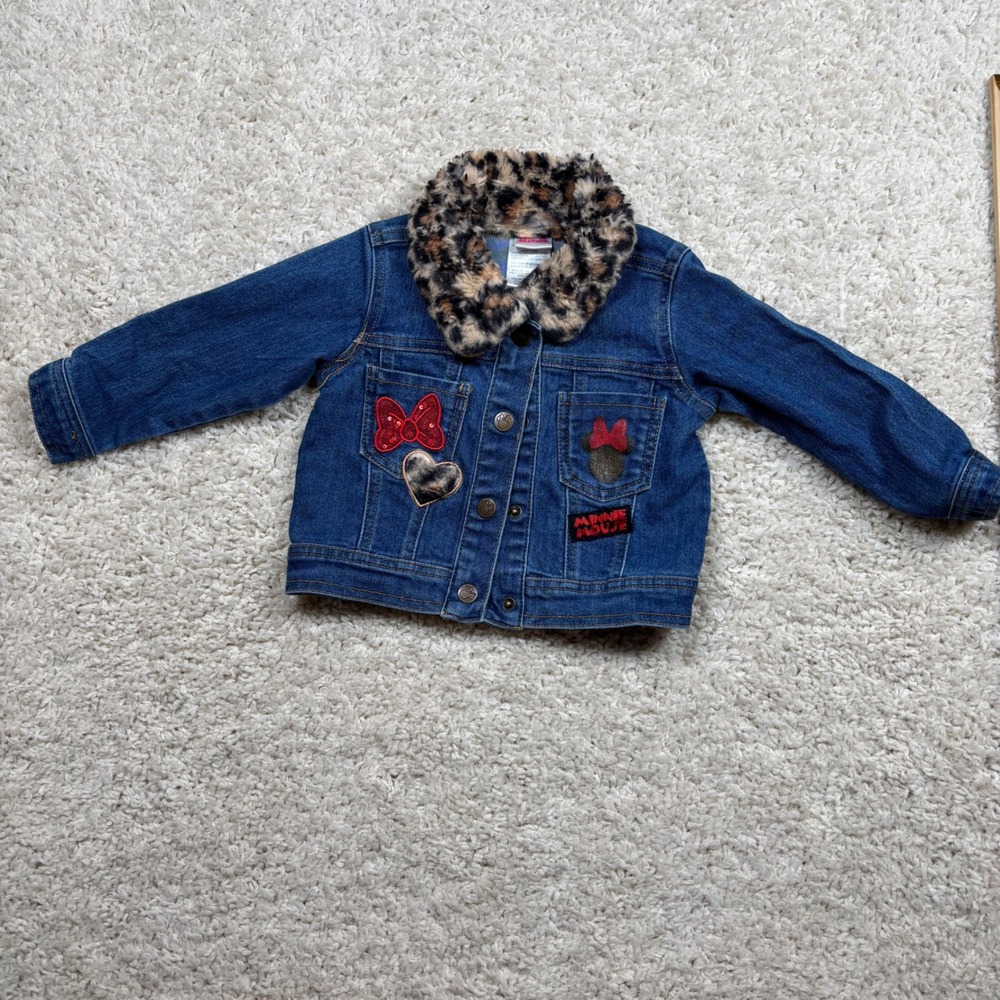 Kids Disney Minnie Mouse‎ Denim Jacket Leopard Fur Collar Patches Size 2T